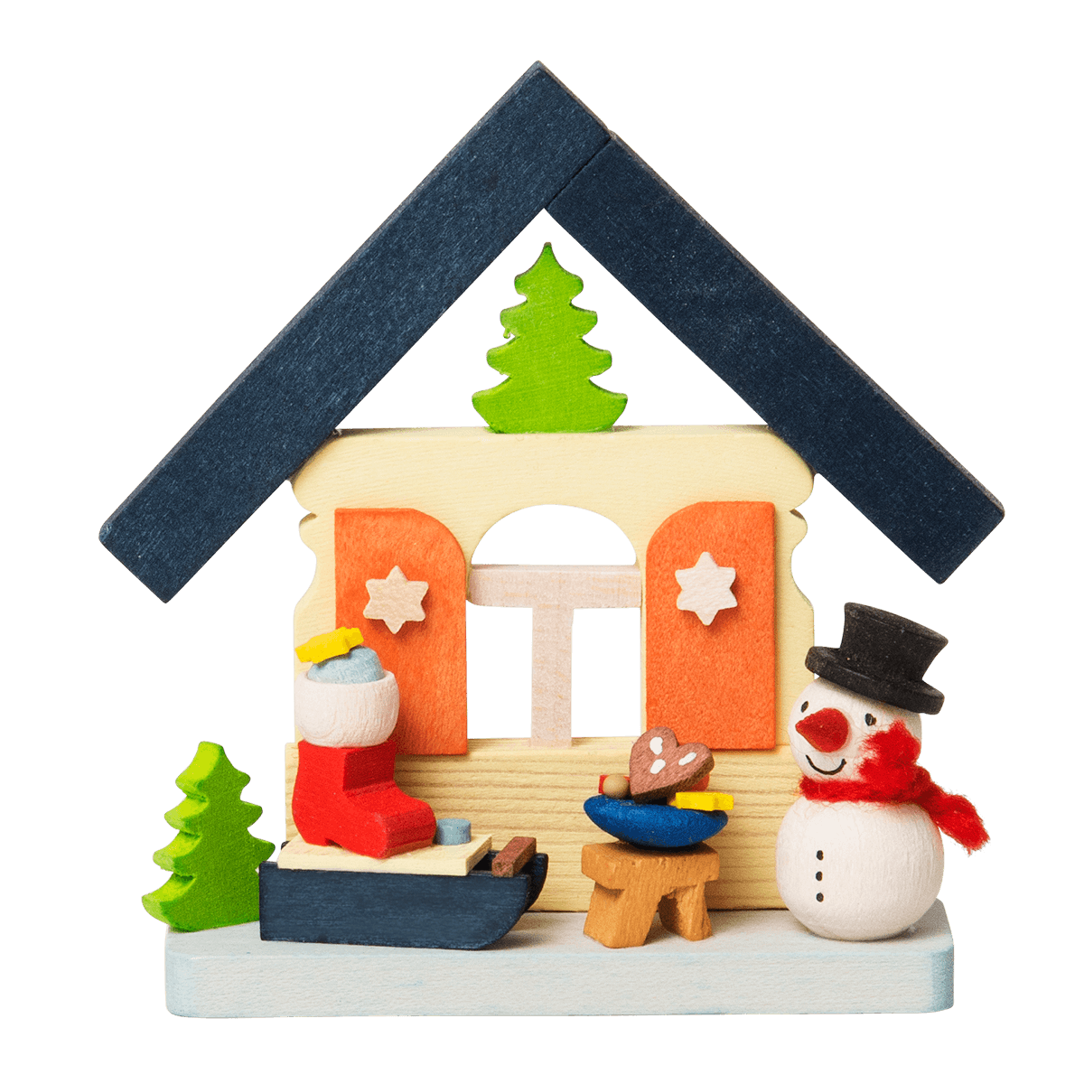 Haus Schneemann als Baumschmuck - MIT GESCHENKESCHLITTEN -
