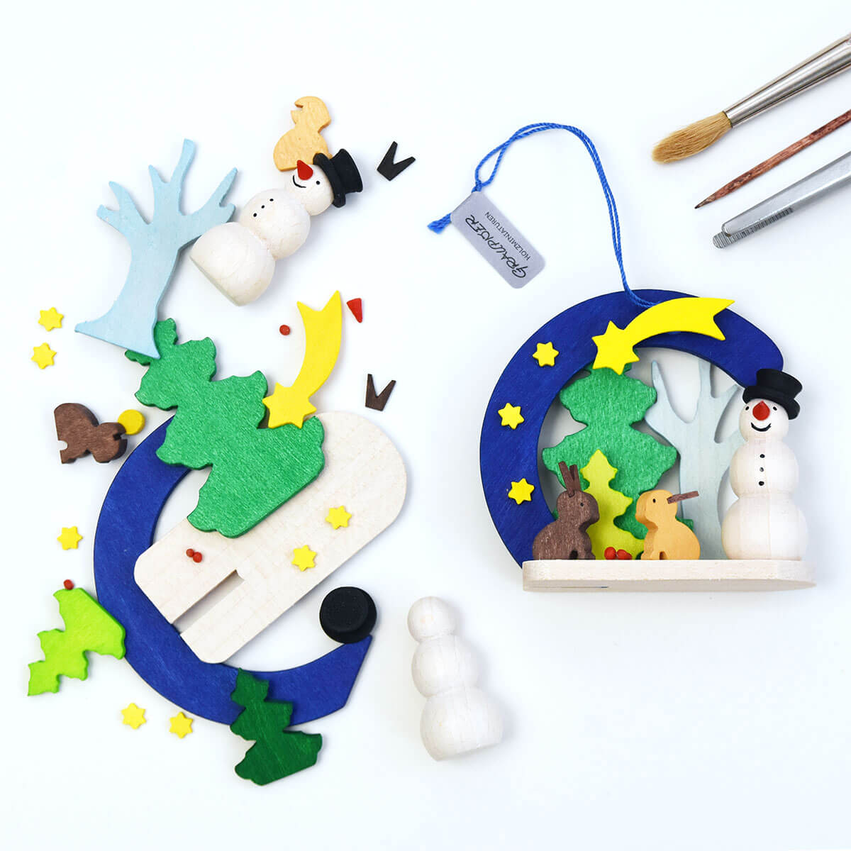 Bogen-Schneemann als Baumschmuck mit Reh